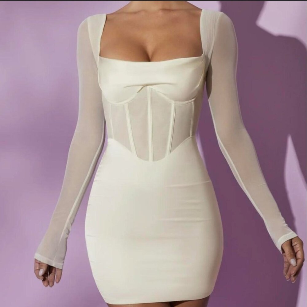 OH POLLY LORIENT DRESS   Sleeve Mesh Corset Mini Dress in White Size 4,  New wit